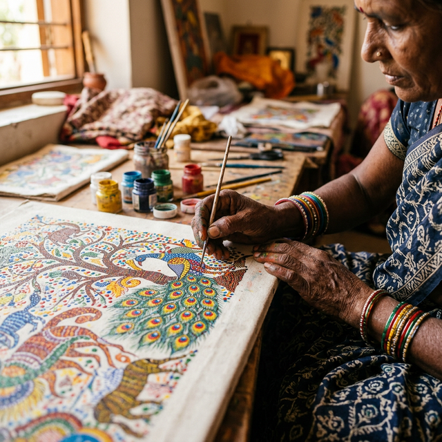 Close-up of Gond tribal art being painted